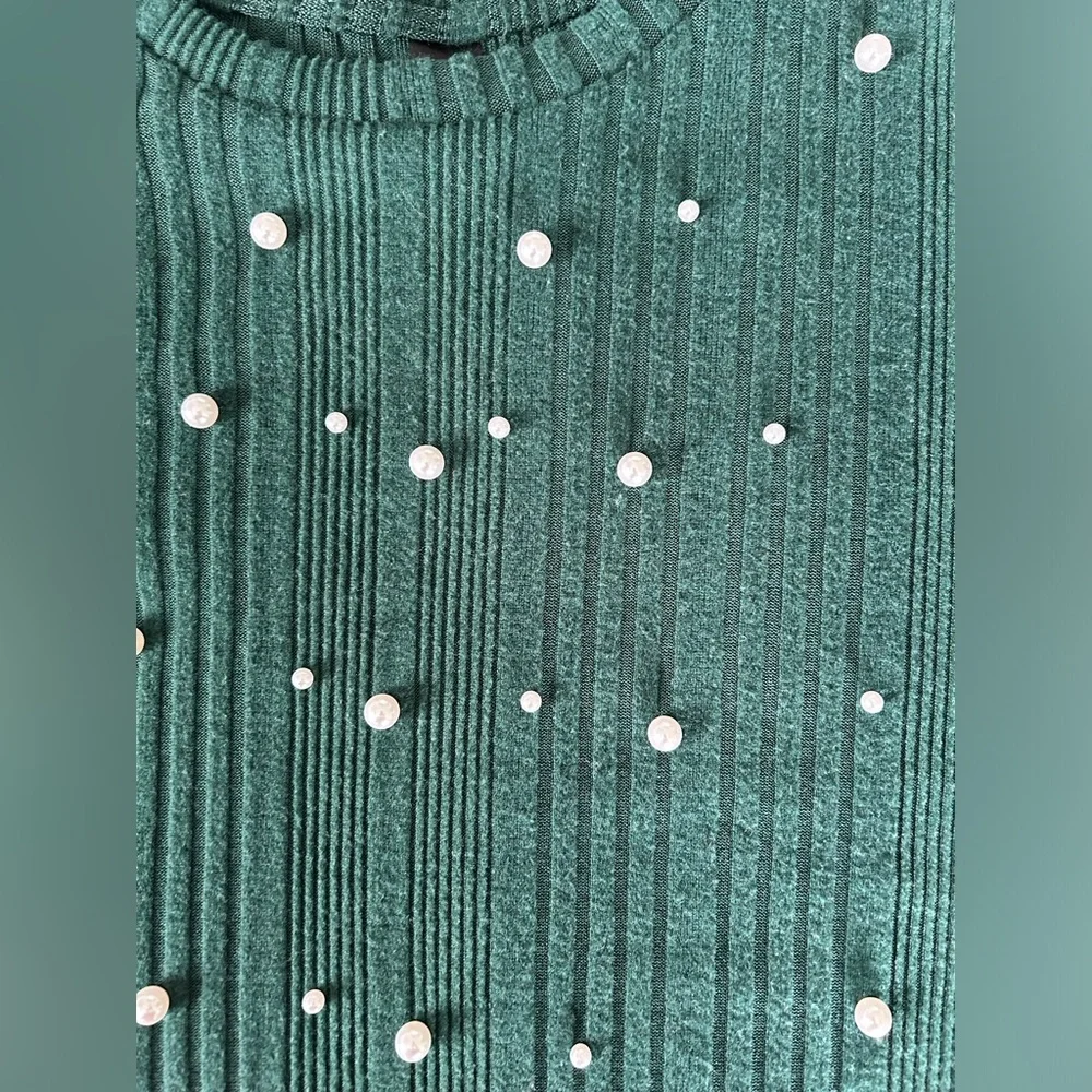 SHEIN | Dark Green Rib Knit Lightweight Sweater with Pearl Detail | Size Small - Picture 3 of 10